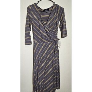 Vintage Y2k B Moss Heather Gray Striped Faux‎ Wrap Midi Dress Stretchy Flowy